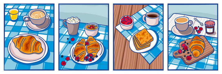 Breakfast table poster design set. French breakfast with coffee and croissants vector illustrations.