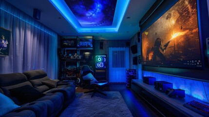 Poster - A home theater with blue lighting, large projector screen playing a movie, comfy couch, gaming chair, and big speakers on the right.