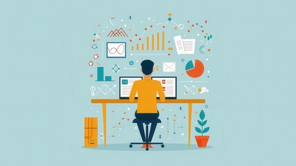 Poster - induction, person drawing conclusions from data, flat design illustration