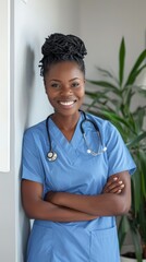 Poster - Smiling nurse in blue scrubs standing in a hospital. Confident and professional healthcare worker ready to provide care.
