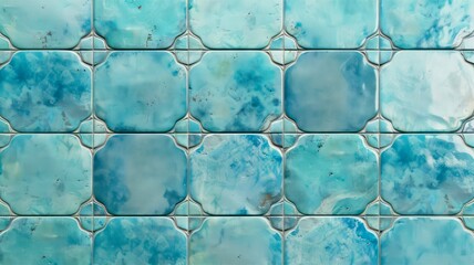 Wall Mural - Light blue ceramic tile texture background. Retro design with rough weathered blue tiled wall.