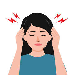 Woman is holding her head with confusing and anxiety expression. Stressed female concept vector illustration on white background. Headache.