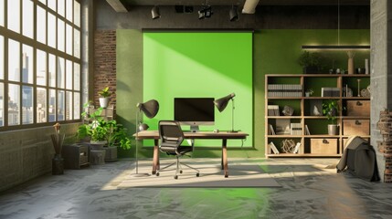 Aufkleber - A modern office space features a desk with a computer, chair, and desk lamp, set against a green screen wall. A bookshelf and large windows with a city view complete the room.