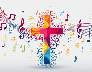 watercolor painting of colorful christian cross with music notes on a white background, vector illustration