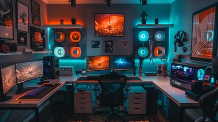 Poster - A modern gaming setup with two large monitors, a gaming PC, and RGB lighting.