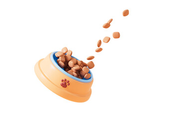 Cartoon pet bowl and pet food in the pink background, 3d rendering.