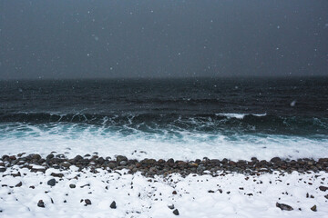 Wall Mural - Kola Peninsula winter landscape. Russia. Snow storm near New Teriberka, Barents Sea bay.