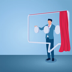 A man opens a curtain covering a large chat bubble in front of him, an illustration of open communication.