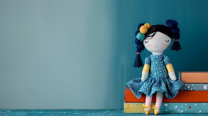 Stuffed soft doll sitting on the books isolated on colorful background