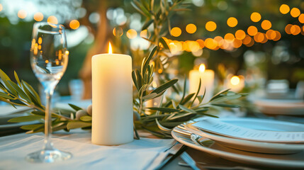 candles and christmas decorations, set table with a white taper candle beside each place setting, olive branches