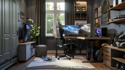 Poster - A modern home office with a gaming setup, featuring a desk with a computer and dual monitors, a gaming chair, and a large window.