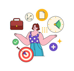 Poster - Work efficiency and productivity tools and instruments. Vector flat cartoon character with target and clock showing deadline, documentation or report and analysis or strategy plan