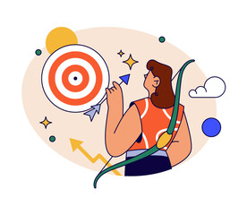 Aufkleber - Hitting target audience by starting new business. Vector flat cartoon character with arrows and bow, startup or beginning of organizational. Growth and development of strategy