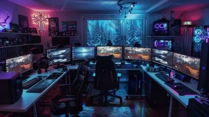 Poster - A modern gaming setup with multiple monitors, a gaming chair, and a snowy forest view from the window.