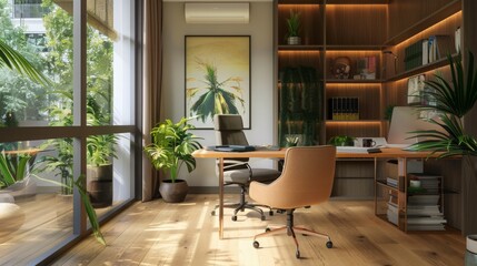 Poster - Modern home office with large window facing lush courtyard. Sunlight illuminates desk, chairs, bookshelf to right with laptop and coffee mug.