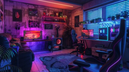 Poster - A modern gaming room with colorful lighting, featuring a large TV, gaming PC, and a comfortable chair.