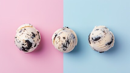 Wall Mural - Three scoops of cookies and cream ice cream isolated on pink and blue background