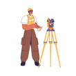 © Good Studio - Surveyor with theodolite on tripod. Surveying engineer, topography measurement and geodesy work. Professional with measuring equipment, tool. Flat vector illustration isolated on white background