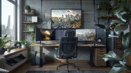 Poster - A modern home office with a standing desk, three monitors, and an office chair. There are houseplants throughout the room, and a large window shows a view of a city skyline.