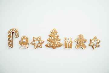 Ginger cookies on white background. Christmas sweet cookie