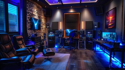 Poster - A modern home studio with sleek black recliners, a large desk with multiple monitors, and a variety of audio equipment. The room is lit with blue and orange LED lights.