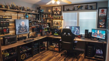 Poster - A modern gaming setup with a large wooden desk, two monitors, a comfortable gaming chair, and shelves filled with collectibles.