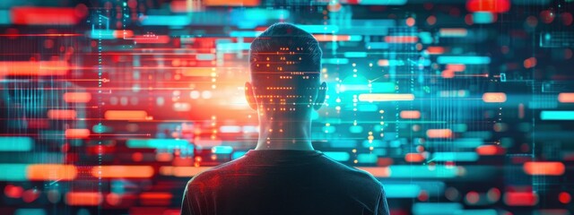 Poster - Man, double exposure, holographic cybersecurity network, dark background, glowing neon