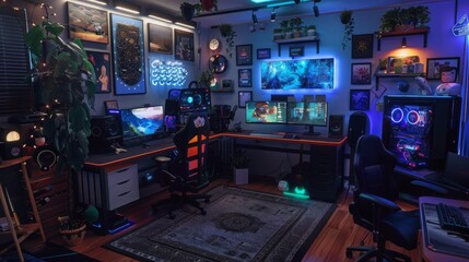 Poster - A modern gaming setup with two gaming chairs, multiple monitors, and a custom PC. The room features colorful RGB lighting and a variety of artwork.