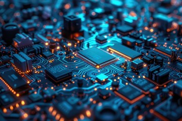 Poster - A detailed view of a computer motherboard with various components and wires
