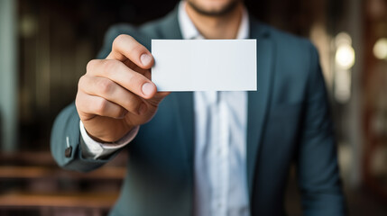Handsome man holds white card in the hand in front of himself, concept of offer the services