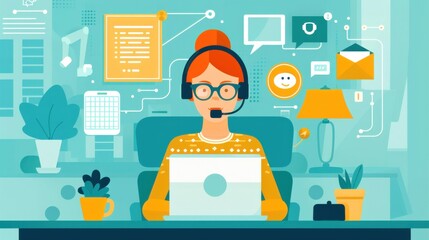 Poster - Online customer service, representative assisting via chat, flat design illustration