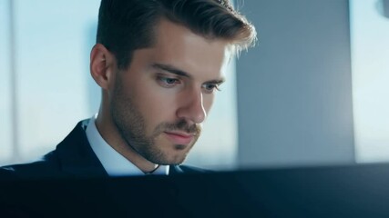 Poster - A businessman in a suit sits in front of a computer, working intently.