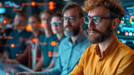 a logistics manager presenting a new strategy to streamline operations, using interactive displays and digital tools, with attentive team members, offering clear copy space for text