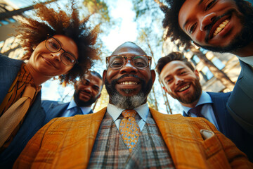 Business team. Group of cheerful young businesspeople looking at camera and smiling while standing outdoors.