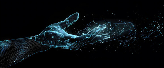 Poster - Digital hand hologram on dark background with copy space design. Neural network connection. Communication with artificial intelligence design