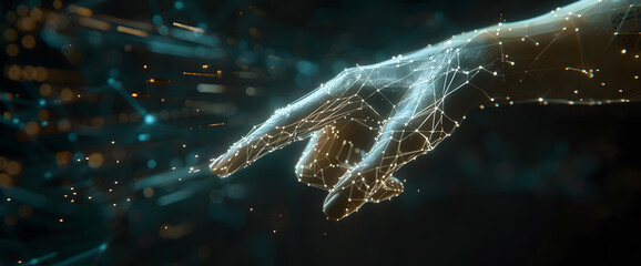 Poster - Digital hand hologram on dark background with copy space design. Neural network connection. Communication with artificial intelligence design