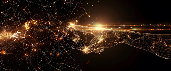 Poster - Digital hand hologram on dark background with copy space design. Neural network connection. Communication with artificial intelligence design
