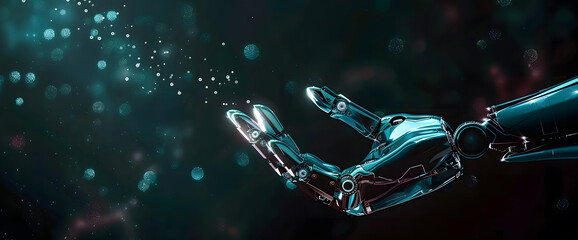 Poster - Digital hand hologram on dark background with copy space design. Neural network connection. Communication with artificial intelligence design