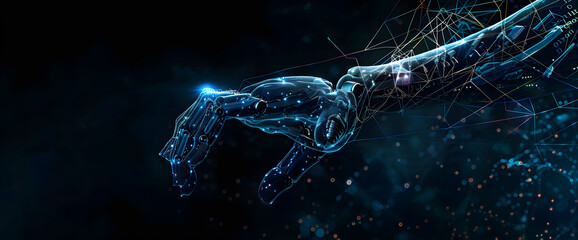 Poster - Digital hand hologram on dark background with copy space design. Neural network connection. Communication with artificial intelligence design