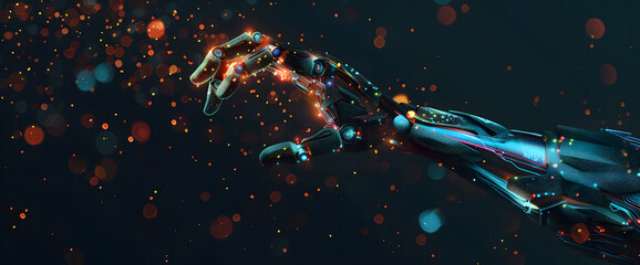 Poster - Digital hand hologram on dark background with copy space design. Neural network connection. Communication with artificial intelligence design