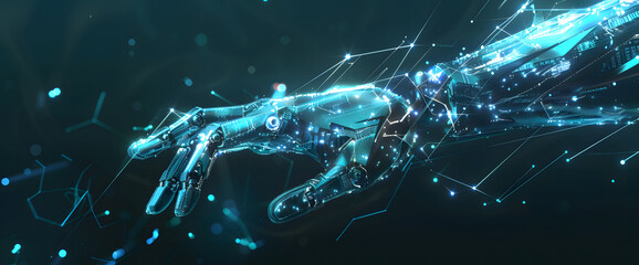 Poster - Digital hand hologram on dark background with copy space design. Neural network connection. Communication with artificial intelligence design