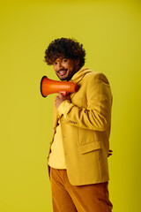 Wall Mural - Young man in suit amplifying voice with megaphone.