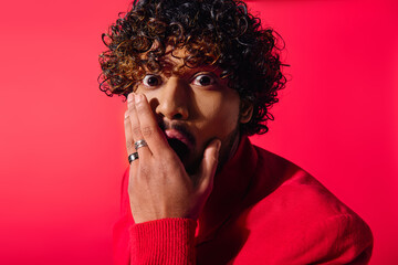 Wall Mural - Handsome Indian man with curly hair strikes a pose in a bright red sweater.