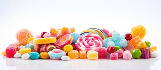Poster - Various types and flavors of candies up close on a white background with copy space image.