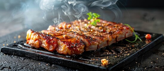 Poster - Japanese-style barbecue pork slice grilled on a stove with hot charcoal, shown in a copy space image.