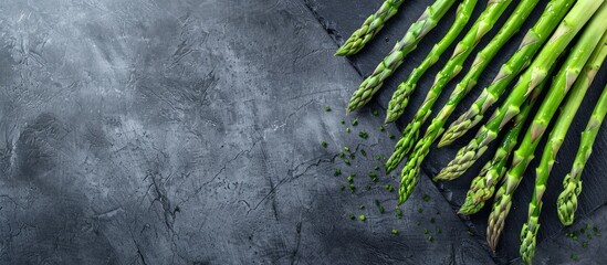 Poster - Fresh asparagus displayed on a black slate with ample copy space image.