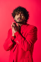 Wall Mural - A dapper young Indian man strikes a pose in a bright red suit against a vibrant red background.