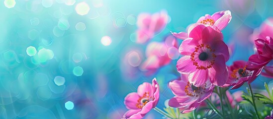 Poster - An isolated banner featuring vibrant anemone flowers against a blue bokeh background with copy space image.