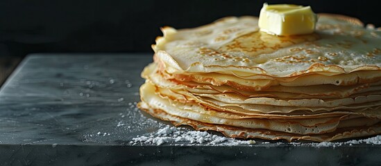 Poster - Top view of a stack of crepes with butter on a marble board against a black background, featuring copy space image.