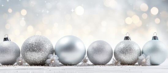 Poster - Festive Christmas decorations like balls and ribbons on a sparkling silver background with room for text or other images; ideal as a copy space image.